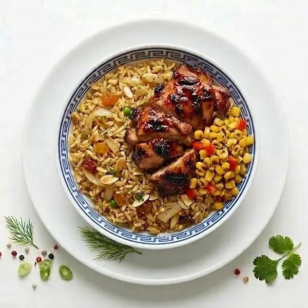 Huli huli chicken with corn and rice bowl